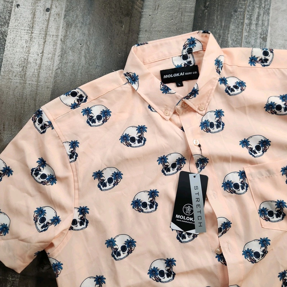 Molokai Button Front Shirt Mens size L Large Short Sleeve Palm Trees Skulls